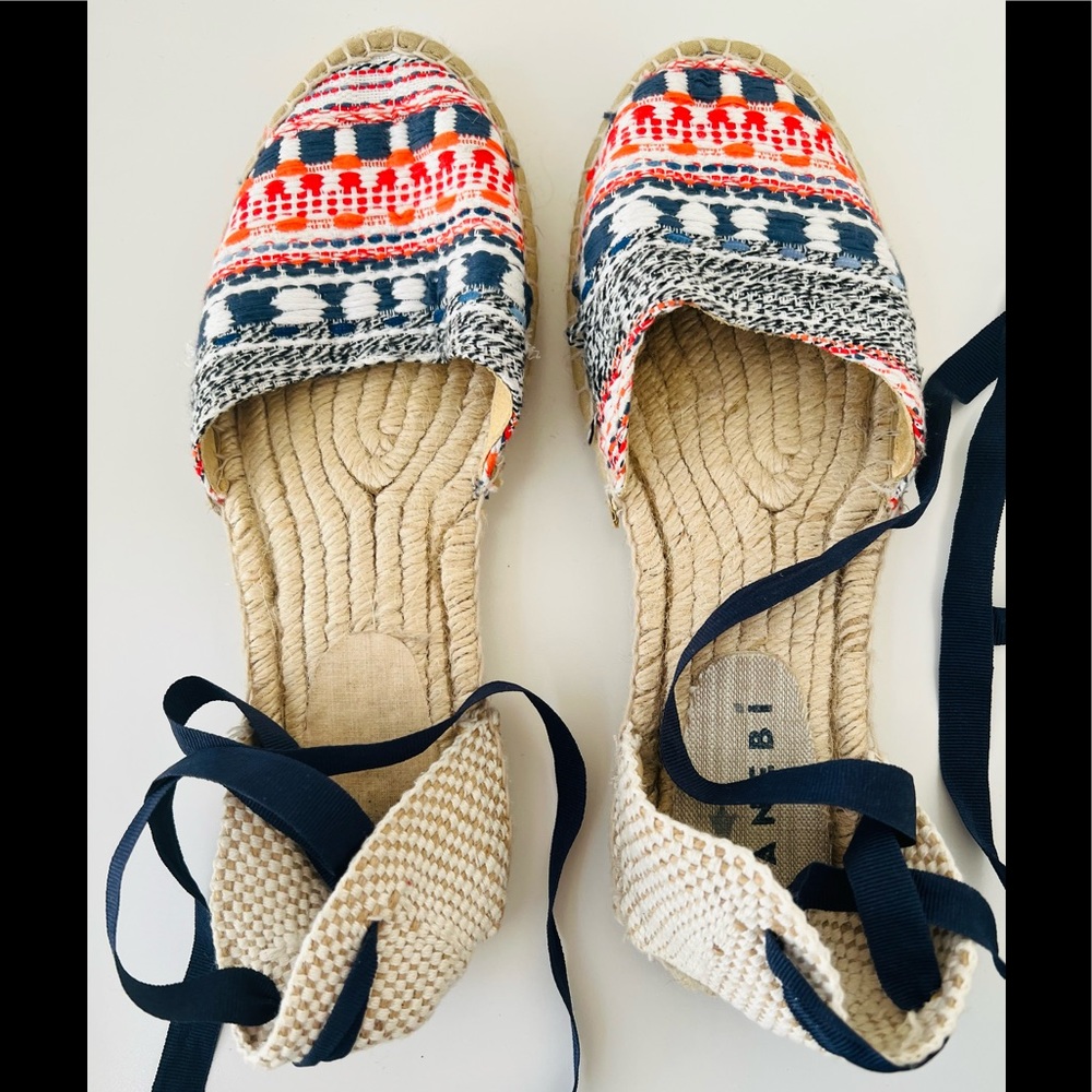 Manebi Lace-Up Raffia Espadrilles Size 8 Blue Red